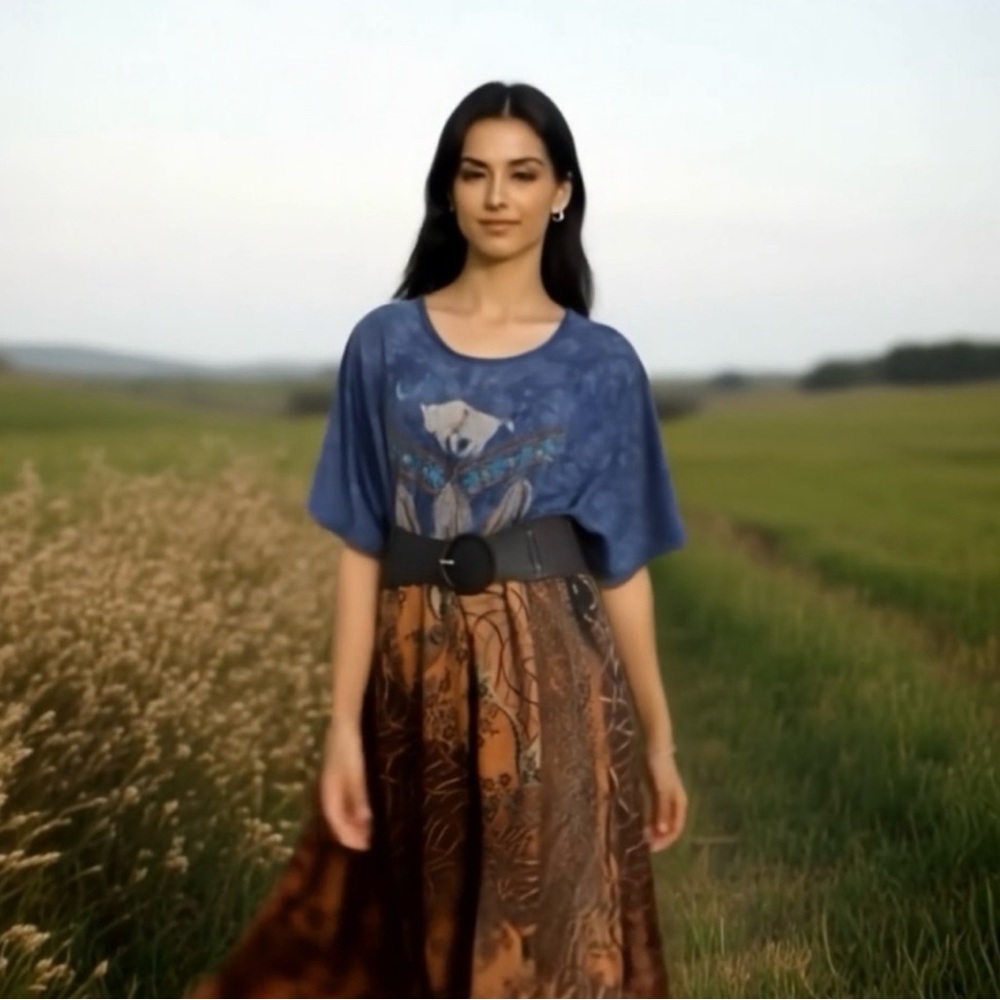 Upcycled boho maxi t-shirt dress.
